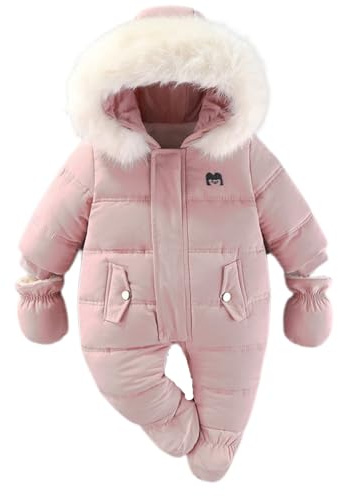 BRONG Baby Winter Snowsuit Toddler Fleece Romper Hooded Jumpsuit Infant Boys Girls Warm Zipper Outerwear with Gloves Pink 6-9 Months