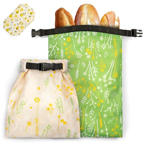 Playexen Lot de 2 Sacs à Pain 44 * 32,5cm avec Doublure en TPU&Tissu en Cire d'abeille Sac a Pain Réutilisables Rangement Pain Baguette Fruit Légume Conservation de la Fraîcheur Lavable en Machine