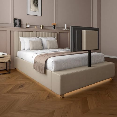 X-Rocker Maisie Velvet Double Ottoman TV Bed Frame with Rotating TV Mount, Ottoman Underbed Storage and Ambient Underbed RGB LED Lighting Double 4ft6 Fabric Bedstead XR LIVING - Natural Stone Beige