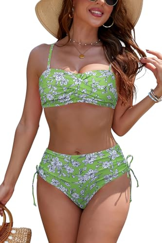 SHEKINI Women's Strapless Bandeau Bikini Set Two Piece Twist Front Swimsuit | Adjustable Drawstrings Bathing Suit, High Waisted Bottom, Padded Top, Removable Strap