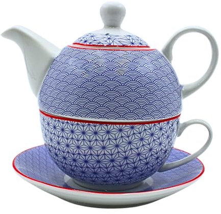 Dekohelden24 Brocca in porcellana, tea for one Set, caraffa da portata per tè, teiera, servizio da tè, tazza da tè con teiera, set da teiera retrò con tazza da tè in porcellana blu, L x P 15 x 15 x 16