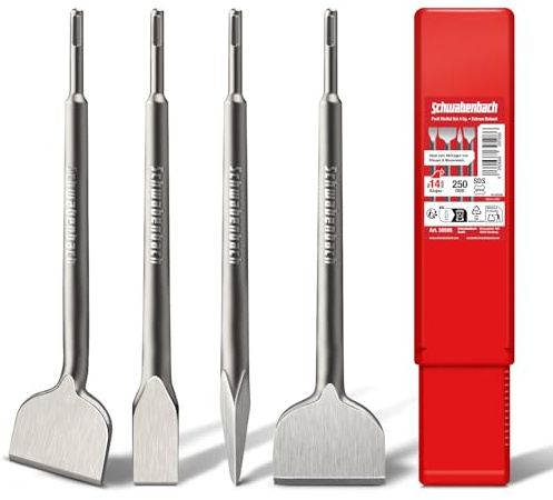 SCHWABENBACH® SDS Plus Meißel Set 4-tlg. 250 mm – Fliesenmeißel 50 mm, Flachmeißel 50 mm + 25 mm + Spitzmeißel – SDS Plus Meißel kompatibel mit Bosch, Hilti uvm - Meißel für Bohrhammer