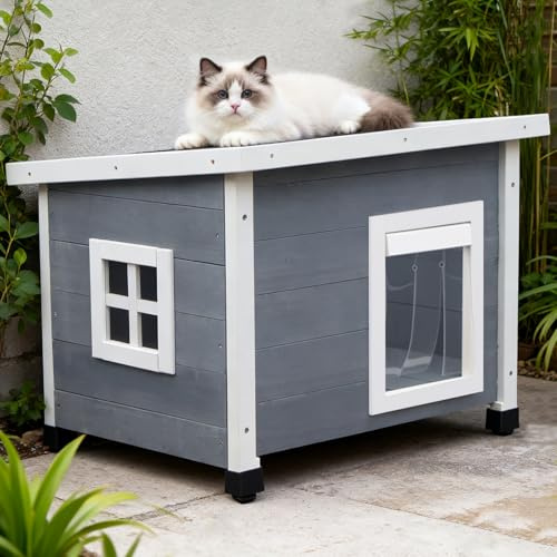 Agitree Outdoor Cat House, Weatherproof Wooden Pet House Shelter for Winter, Gray and White (Gray and White)