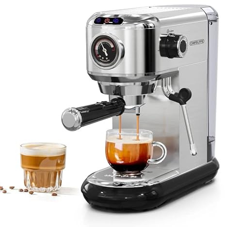 CAFELFFE Espresso-Siebträgermaschine 20 bar, Edelstahl-Espressomaschine mit Milchaufschäumer und Manometer, für gemahlenen Kaffee oder ESE-Pads, 1,1 l Wassertank, silberfarben