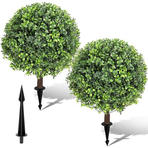 Artificial Boxwood Topiary Ball Trees with Spikes for Outdoor 27 Set of 2, UV Resistant Faux Greenery Shrubs, Realistic Fake Bushes Plants for Garden Yard Front Porch Patio Indoor Decor