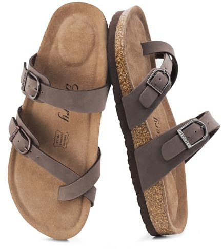FITORY Sandalias de cuero para mujer con plantilla de corcho, ajustables cómodas y antideslizantes para verano, talla 37-43
