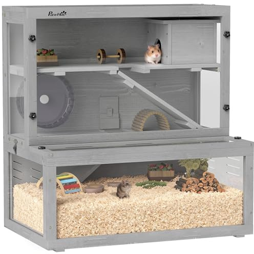 PawHut Cage Hamster en Bois à 3 Niveaux avec Cabane, Roue 80x50x84cm Gris
