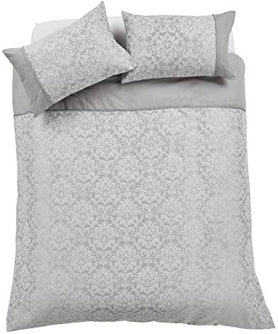 Olivia Rocco Savoy Jacquard Duvet Set Easy Care Double King Super King Size Quilt Covers & Pillowcases Bedding, King, Grey