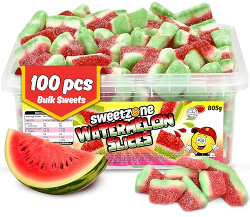Sweetzone Fizzy Watermelon Slices 800g | Fizzy watermelon slice gummies, Halal soft fruit chews, bulk tub, party pick and mix, sour candy for all ages