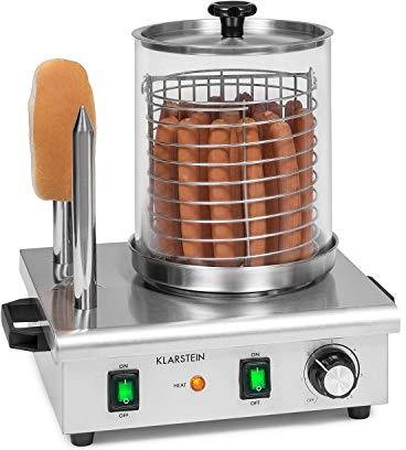 Klarstein Wurstfabrik Pro 550 máquina de hot dogs, 550 W, 2 pinchos calefactores, termostato 30-100 °C, cilindro de vidrio Ø 20 cm, jaula de acero inox Ø 17 cm, cocedor de salchichas pro, plateado