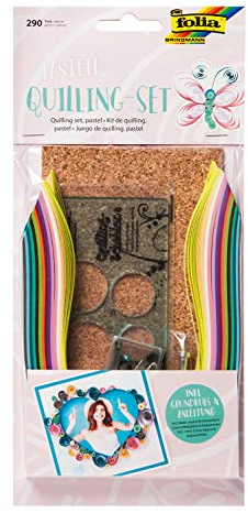 folia 12839 - Quilling-Set Pastell mit 290 Teilen, 280 Quillingstreifen in 2 verschiedenen Breiten, Quillingstift und Zubehör, zum Erstellen von Figuren und Formen aus Papierstreifen
