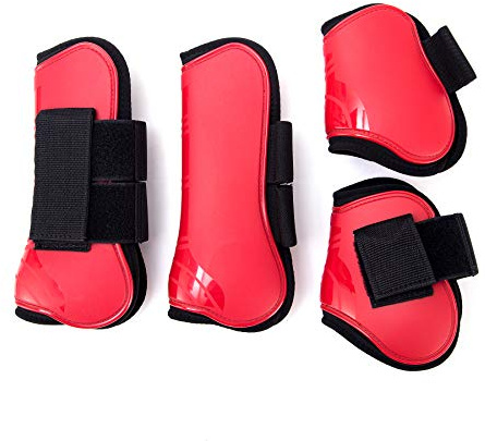Merauno® Guêtres pour chevaux, lot de 4, guêtres avant et arrière avec coque rigide et fermeture velcro pour femmes et hommes, en PU robuste et élastique, bottes pour tendons, classique (L(WB), rouge)