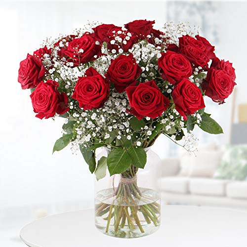 Rote Rosen mit Schleierkraut - Premium-Rosen (60cm), Rosenstrauß XXL mit 7-Tage-Frische-Garantie, handgebunden von Floristen, Blumenstrauß mit roten Rosen versenden, Blumenversand