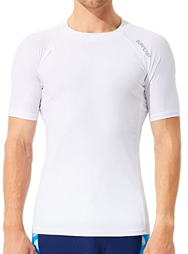 SURFEASY Men's Rash Vest Swim Shirts, Sun Protection Short Sleeve Quick Drying Rash Guard Base Layer Snorkeling Swimming Surfing Tops (White,L)