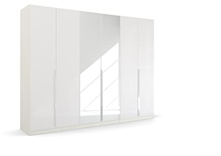 Rauch Möbel Glamour by Quadra Spin Schrank Drehtürenschrank, Hochglanz Weiß/Weiß, 6-TRG. mit Spiegel, inkl. 3 Kleiderstangen, 3 Einlegeböden, BxHxT 271x210x54 cm