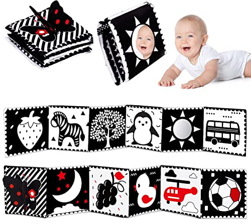 Black and White High Contrast Toys for Baby 0-3 3-6 months Infant Tummy Time Soft Crinkle Book Mirror Sensory Toys 0 2 4 5 6 Month Old Babies Boy Gril Newborn Development Christmas Stocking Stuffer