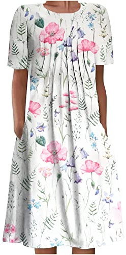 Ladies Dress Sale Clearance Summer Loose Short Sleeve Print Midi Dress Casual Beach Bohemian Party Elegant Plaid Dresses with Pockets Plus Size UK Hot Pink