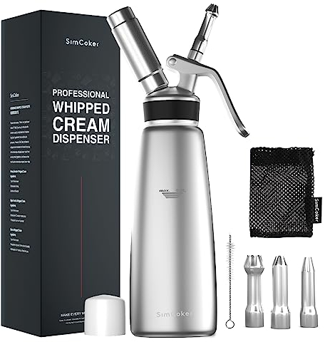 SimCoker Sahnespender 500ml für Schlagsahne,Aluminium Schlagsahnebereiter 3 Edelstahl Spritztüllen 1 Reinigungbürste,Sahnesyphon mit Deutsche Anweisungen Silber