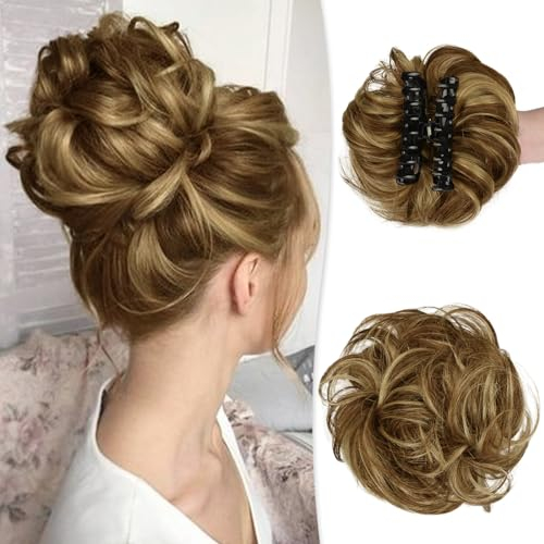 RUWISS Moño Postizo con Pinza para Extensiones de Coleta 100% Cabello Humano Ondulado y Rizado Scrunchies de Cabello Humano con Clip para Mujeres (Marrón Chocolate con Reflejos Rubio Dorado Claro)