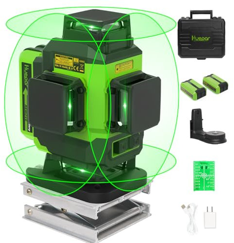 Huepar 4x360 Laser Level Self-Leveling 16 Lines 4D Green Lazer Level Cross Lines Tiling Floor Laser Tool-2 x 360 Horizontal & 2 x 360 Vertical Lazer Lines with Two Li-ion Batteries and Hard Carry Case