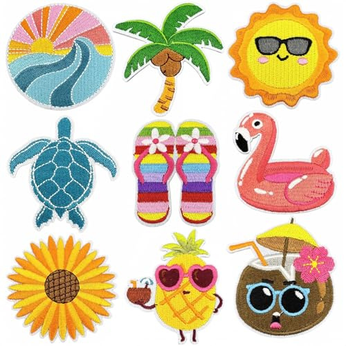 CYWQ 9 parches de verano para planchar hawaianos Luau, playa, piña, flamenco, coser, apliques bordados, decorativos, hawaianos, tropicales, Aloha, vacaciones, manualidades, regalo para ropa, mochila,