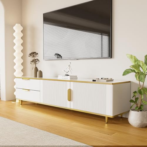 OLIVIBED Mueble de TV con puertas, mesa de televisión con 2 cajones, cómoda para TV con asas y patas doradas, mueble bajo para TV de 70 a 79 pulgadas, armario para sala de estar, 175 x 40 x 45 cm