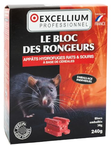 Bloc des Rongeurs Appâts Rats et Souris 240g EXCELLIUM PROFESSIONNEL | Rats bruns, rats noirs et souris · Bloc hydrofuge · Postes sécurisés · Intérieur et extérieur