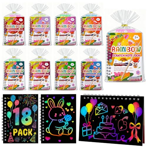 HONLYNE Scratch Art Crafts Party Favors, 18 Pack Rainbow Notebooks, Coloring Books Supplies Toys, Easter Basket Stuffers, Birthday Party Favors for Kids, Bulk Classroom Prizes for Toddlers