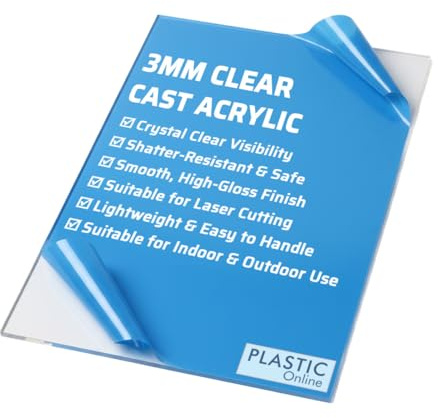 3mm Clear Acrylic Sheet, Perspex Panel, High-Gloss, Ideal for Laser Cutting, Greenhouse, Sheds, DIY and Crafts, Multiple Sizes Available Cast Acrylic (1, A4 (21cm x 29.7cm))