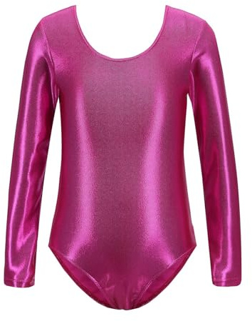Generisch Maillot de gimnasia para niña, manga larga, brillante, traje de ballet, leotardo de yoga, clásico de una pieza para actividades deportivas, Rosa intenso., 9-10 años
