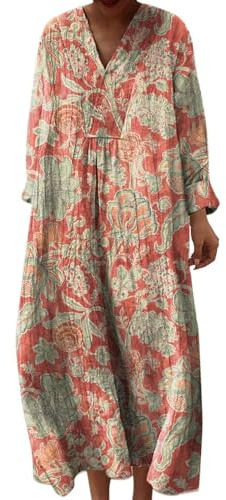 Vestito Lungo Donna Estivo Boho Chic Abito Maxi Scollo a V Manica Lunga Kaftano Etnico Copricostume Mare Spiaggia Casual Oversize Cotone Lino Elegante Fantasia Floreale Cerimonia Giorno Taglie Forti