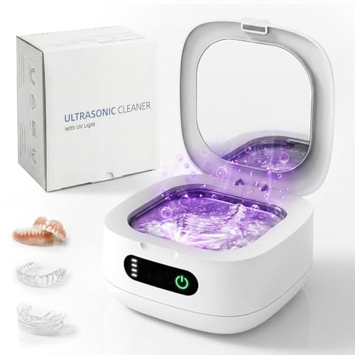 Portable Ultrasonic Retainer Cleaner with UV - Cordless Rechargeable Cleaner Machine for Invisalign, Aligners, Night Guards, Dentures | Travel-Ready with Built-in Mirror