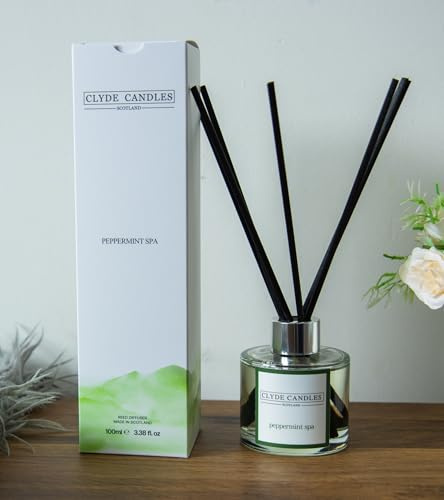 Peppermint Spa Reed Diffuser - Clyde Candles, Luxury Diffuser Oil with a Set of 7 Fibre Sticks, 100ml, Best Aroma Scent for Home, Kitchen, Living Room, Bathroom. Fragrance Diffusers set with sticks