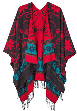 Schicker Damenponcho, Vintage-Umhang mit Schal und Quasten, traditionelles Muster Gr. One size, schwarz