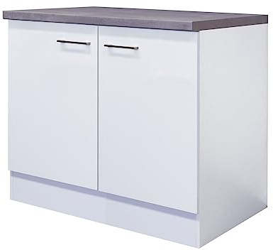 Smart Möbel Spülenunterschrank 100 cm mit Arbeitsplatte – Küchenunterschrank Weiß – Ohne Spüle – 2-türiger Spülenschrank – Beton Optik Arbeitsplatte – Nawa