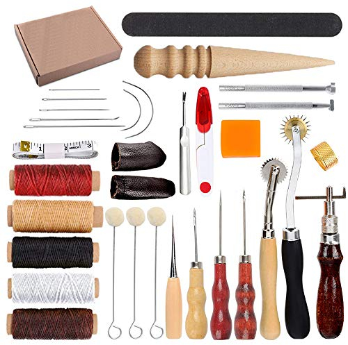 HOSTK 33 stück DIY Leder Handwerk Hand Kit Werkzeuge Set zum Nähen Nähen Stanzen Carving Sattel Leder Kunstwerk Zubehör Ahle Fingerhut
