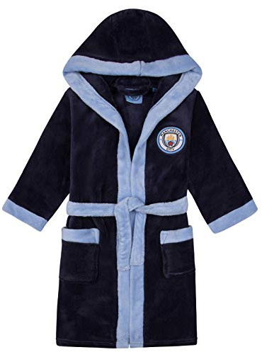 MANCHESTER CITY FC Official Boys Fleece Dressing Gown Robe Navy 13-14 Years