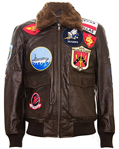 Infinity Leather Blouson Aviateur Top Gun Air Force Marron A2 Voyage en Cuir Pour Homme Avec Col et Patchs en Peau de Mouton S