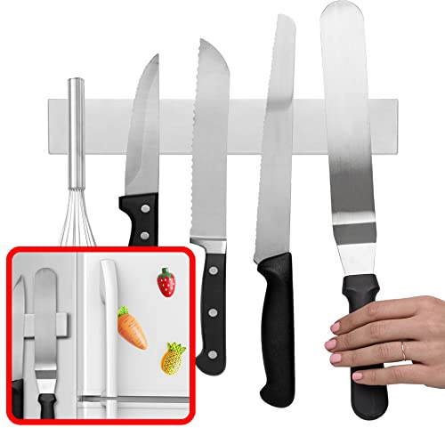 Modern Innovations 10 Inch Magnetic Knife Holder for Refrigerator, Magnetic Knife Holders for Fridge or Kitchen Wall No Drilling, Magnet Strips for Knives & Metal Utensils, Tool Rack, Stainless Steel
