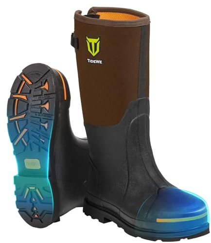 TIDEWE Rubber Work Boot for Men with Steel Toe & Shank, Waterproof Anti Slip Hunting Boot, 6mm Neoprene Hunting Boot for Manufacturing, Construction, Farming, Brown, Size 13