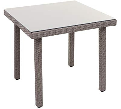 Mendler Poly-Rattan Gartentisch Cava, Esstisch Beistelltisch Tisch mit Glasplatte, 80x80cm - grau