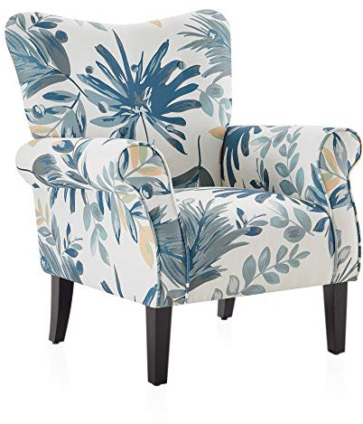 BELLEZE Modern Accent Chair, High Back Armchair, Upholstered Wingback Side Chair, Padded Single Sofa with Wooden Legs for Living Room, Bedroom - Green Blue Floral