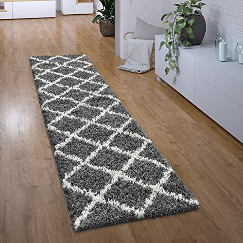 Paco Home Hochflor Teppich Läufer Flur Schlafzimmer Wohnzimmerteppich Shaggy Langflor Modern Skandinavisch Rautenmuster, Grösse:80x150 cm, Farbe:Anthrazit