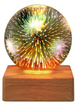 Luz de la noche de los fuegos artificiales 3D, Lámpara de mesa de bola de cristal con base de madera Lámpara de mesa USB Starry Atmosphere para la habitación de los niños (Fuegos artificiales)
