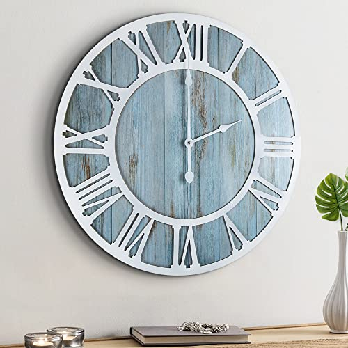 HAITANG - Reloj de Pared Redondo de Madera, Moderno, Retro, Azul, 40 cm, números Romanos decoración de Sala de Estar, luz garrapata Reloj de Pared, decoración del hogar, jardín, Oficina, café,