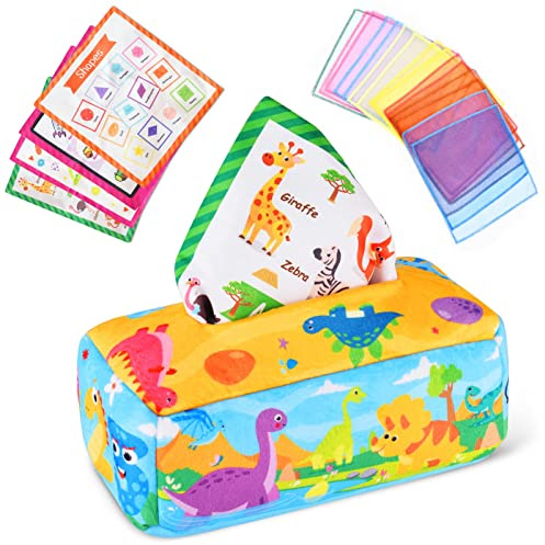 Vicloon Livre Tissu Bébé,Jouet Bébé Boîte à Mouchoirs+4 Morceaux de Papier + 15 Gaze avec Couleurs,Textures,Sons-Nouveaux Jouets Sensoriel Jeux Montessori pour Bébés de 6 à 18 Mois