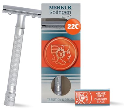 MERKUR Maquinilla de afeitar cromada mate satinado 22C, de tres piezas con corte recto, peine cerrado, ideal para afeitado en húmedo, zinc fundido a presión, mango de latón, fabricado en Alemania
