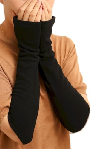 Prettystern Donna 100% Cachemire Lana Manicotti Scaldabraccia Guanti Lunghi Mezze Dita Cashmere Grigio Scuro Bordo a 2 strati Nero