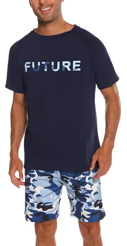 Nieery Pijamas Hombre Verano Conjunto Manga Corta Camiseta Cuello Redondo Pantalones Cortos Camuflaje con Bolsillos S-3XL