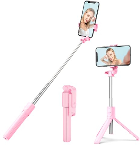 H.May Selfie Stick, Extendable and Portable Stable Tripod Stand Holder with Detachable Wireless Remote Compatible with iPhone 14 13 12 for Selfies Video Recording Vlog, Pink